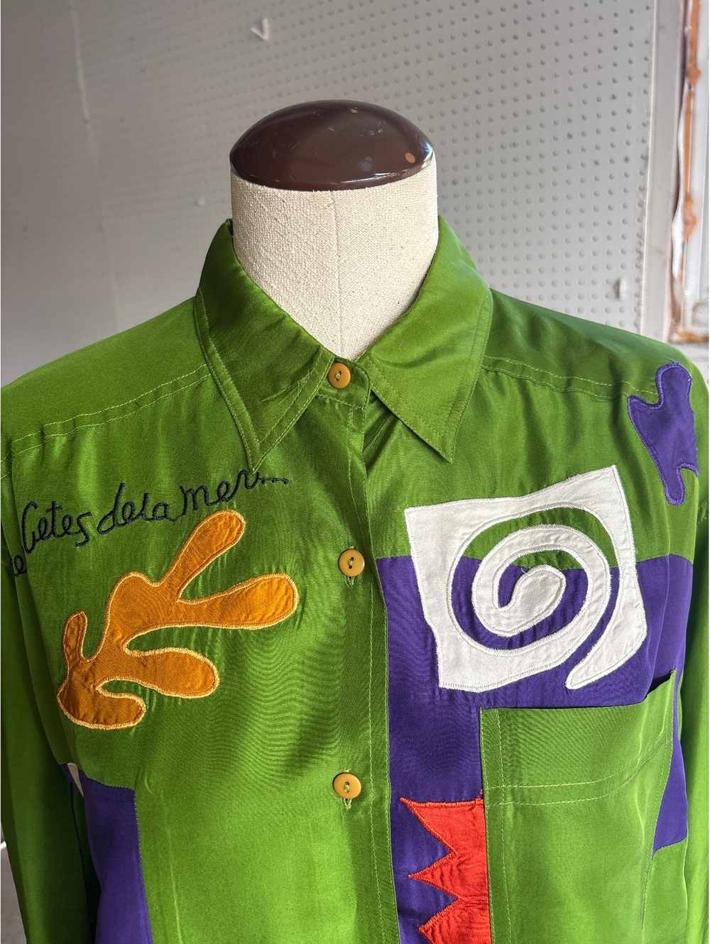 Vintage 100% silk The Limited Green and Purple Colorblock Button-Up Shirt